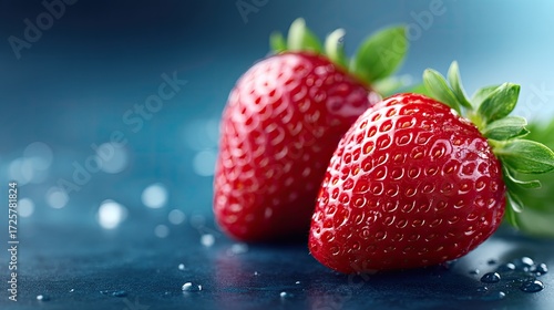 Two Ripe Strawberries with Water Droplets Against a Soft Blue Background Close Up