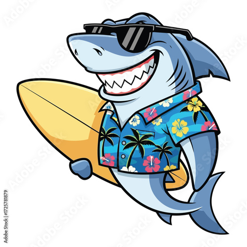 Cool surfing shark cartoon character wearing sunglasses and hawaiian shirt holding surfboard