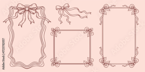 Elegant collection of vintage frames and decorative elements crafted from flowing ribbons and bows in a classic line art style