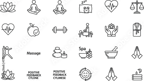 Set of wellness and self-care line icons for health, spa, yoga, and relaxation concepts. A collection of minimalist vector symbols