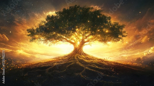 Illuminated ancient tree