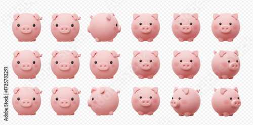 Multiple adorable pink pig characters rendered in 3D, showcasing various angles against a transparent backdrop.