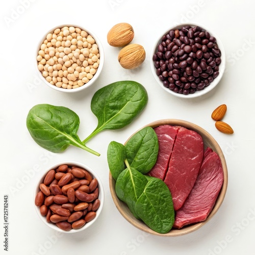 Anemia prevention theme: iron-rich foods arranged artistically, vibrant, realistic, great for medical or diet visuals