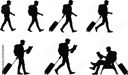 Traveler silhouette walking, standing, sitting, reading map, carrying backpack, pulling suitcase, airport journey, tourism lifestyle, passenger movement, vector illustration