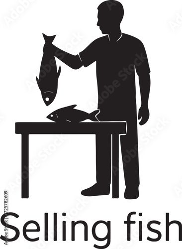 Fishmonger Selling Fish at Market Silhouette - Vendor Holding Fresh Catch at Table Icon