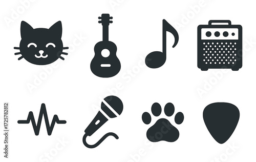 Music and pets icons set: guitar, note, amplifier, microphone, cat, paw, pick, wave