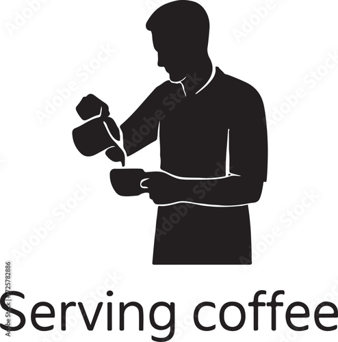 Man Serving Coffee or Tea Silhouette - Barista Pouring Drink into Cup - Cafe and Service Icon