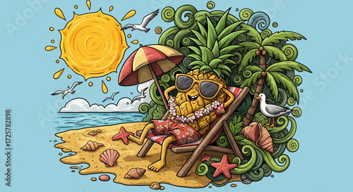Cartoon Pineapple Relaxing on Beach in Striped Lounge Chair with Sunglasses