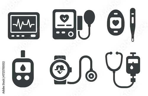 Medical equipment icons: heart rate monitor, thermometer, stethoscope, iv drip