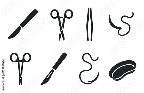 Surgical instruments set: scissors, scalpel, tweezers, suture tools on dark background