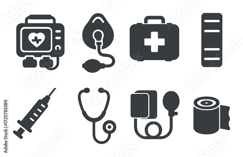 Medical icons set: syringe, stethoscope, first aid kit, blood pressure monitor, ecg
