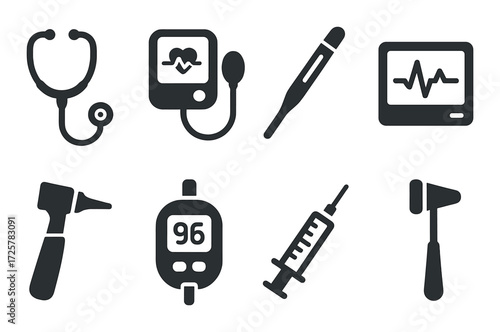 Medical icons collection featuring stethoscope, thermometer, blood pressure monitor, and more