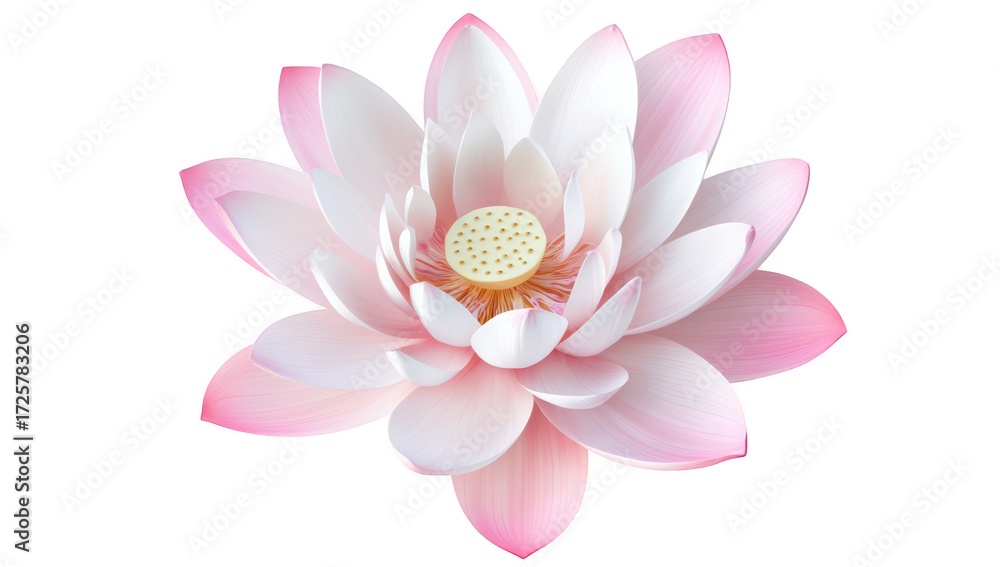 Obraz premium A beautifully rendered pink and white lotus flower in full bloom. delicate petals and a central stamen. set against a clean white background. ideal for nature-themed projects and designs