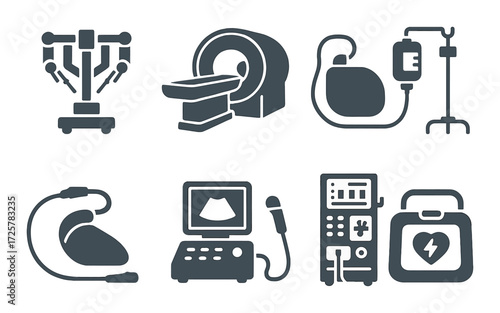 Medical equipment icons including mri, dialysis, ultrasound, and pacemaker on dark background