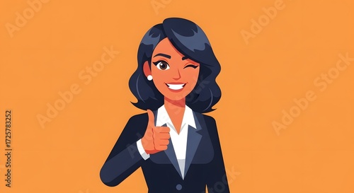 Professional business woman smiling winks gives thumbs up illustration vector approval success confidence happy orange