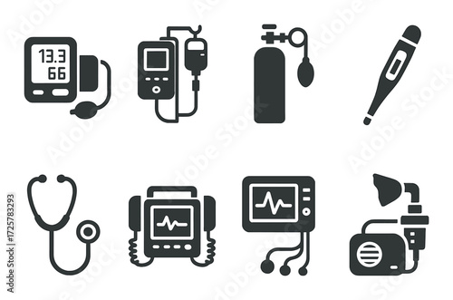 Essential medical equipment icons: blood pressure, iv drip, thermometer, stethoscope