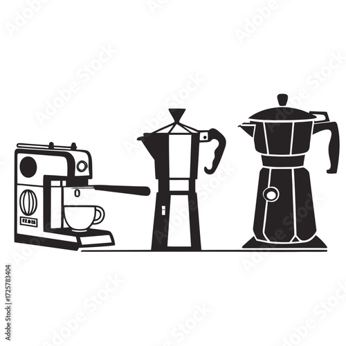 Espresso machine Moka pot coffee maker set Simple line icons design Black and white illustration Isolated on white background
