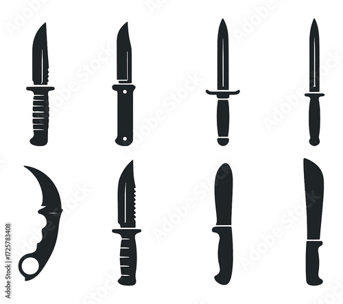 Silhouettes of various knives on dark background