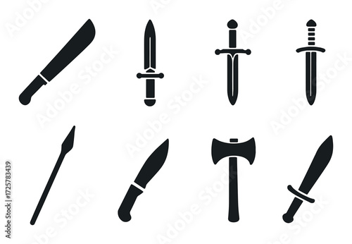 Silhouette of various blades and weapons on dark gradient background