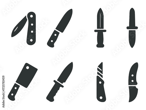 Collection of various knives silhouette on dark background