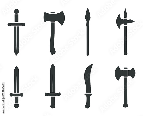 Silhouettes of medieval weaponry on dark background