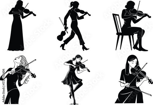 Violinist women illustration, classical music, elegant poses, female musicians, playing violin, vector art, seated violinist, modern style, artistic music scene
