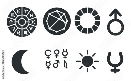 Monochrome astrological symbols on dark background