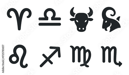 Silhouetted zodiac symbols on dark background: aries, libra, taurus, capricorn, leo, sagittarius, virgo, scorpio