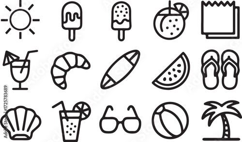 Collection Of Black Line Art Icons Related To Summer And Beach Activities Keywords: summer, beach, vacation, sun, ice cream, popsicle, orange, paper, cocktail, croissant, surfboard, watermelon