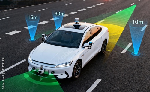 Self-driving test car using lidar and camera sensors on highway at sunset, autonomous vehicle scanning lanes with distance overlays for safety research, navigation and advanced driver assistance