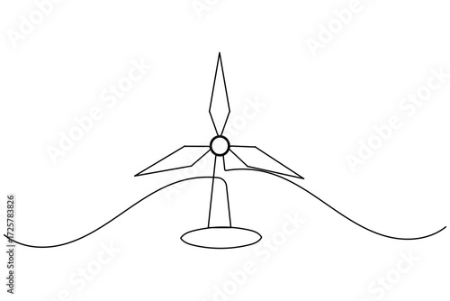 Minimalist one line drawing of a wind turbine symbolizing clean renewable energy and eco friendly design
