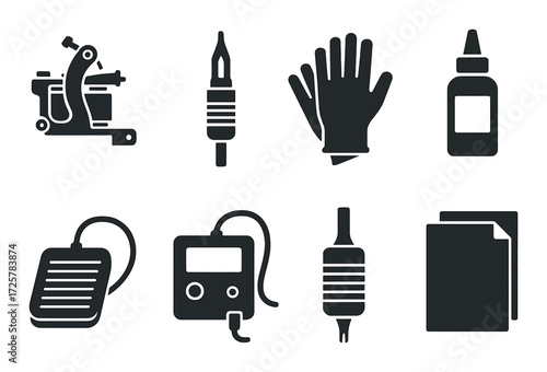 Black outline of eight tattoo equipment icons on dark background