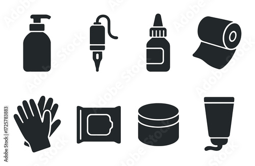 Tattoo supplies icons set: soap, machine, ink, paper, gloves, wipes, cream, tube