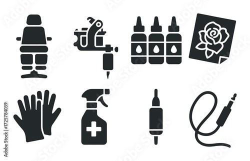 Tattoo studio elements: machine, ink bottles, gloves, stencil, and sanitation tools