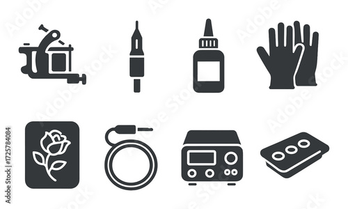 Tattoo equipment icons: machine, needle, ink, gloves, cable, power supply, stencil