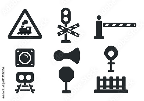 Black silhouette railway icons on gradient background