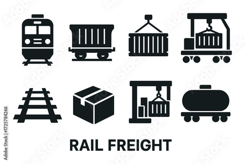Rail freight icons: trains, cargo, and transportation symbols