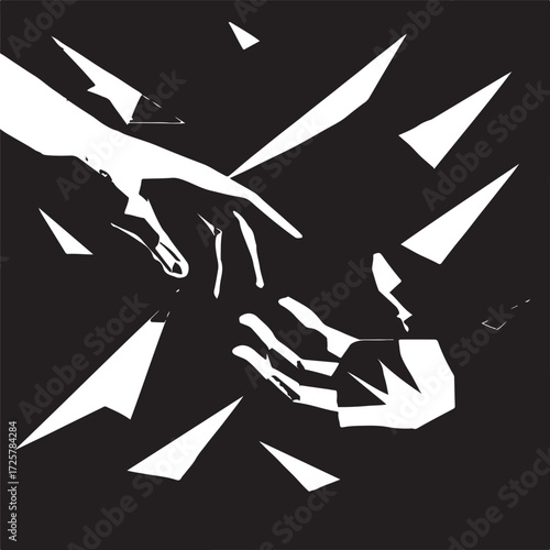 Abstract Broken Glass and Hand Connection - Concept of Trauma, Separation, or Crisis in Black and White