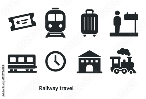 Railway travel icons: ticket, train, luggage, passenger, station, clock, locomotive