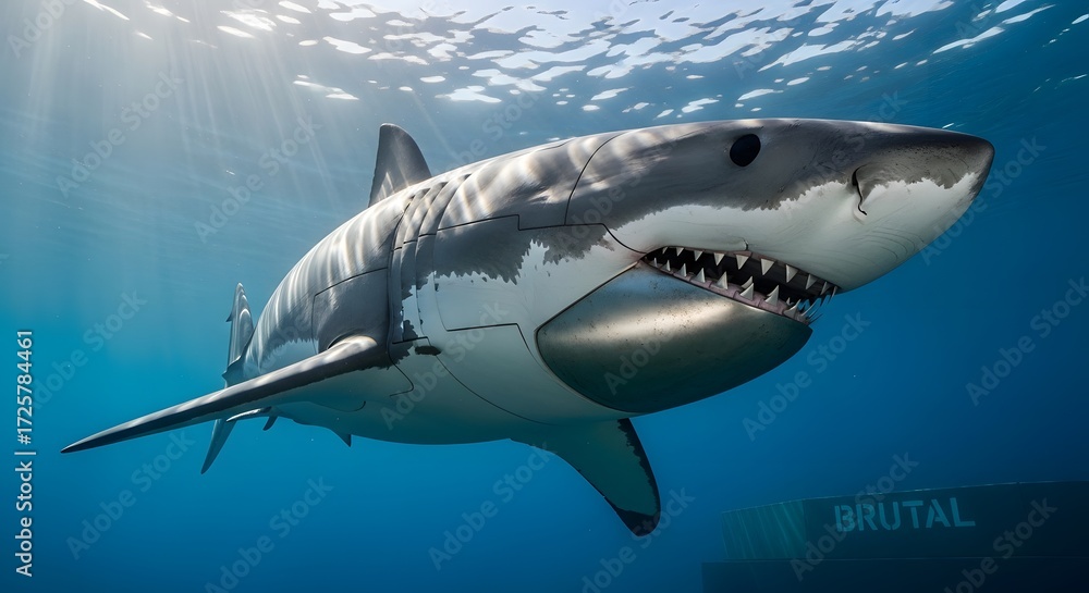 Fototapeta premium Sleek metallic great white shark cyborg predator underwater brutal digital ocean technology