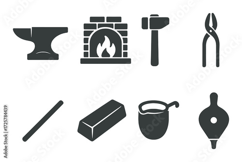 Silhouettes of blacksmith tools on dark background