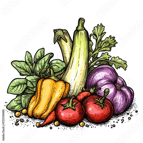 Wallpaper Mural Colorful Engraving of Fresh Vegetables Inspired by Culinary Arts, isolated on transparent background. Torontodigital.ca