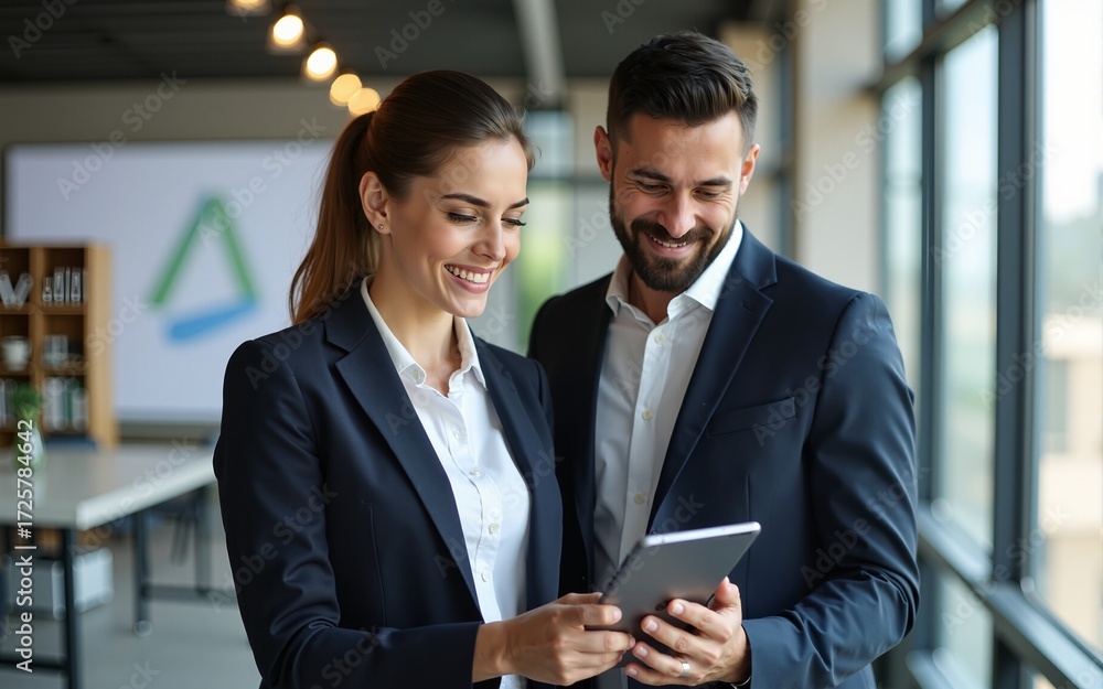 © David - Professional business people, two happy business man and woman executives partners team working together checking corporate results standing in company office using digital tab fintech device.. © David - Professional business people, two happy business man and woman executives partners team working together checking corporate results standing in company office using digital tab fintech device..