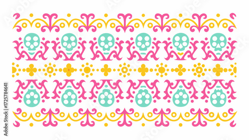 Vibrant Day of the Dead Pattern with Skulls and Flowers, Festive Floral Design for Celebrations, Colorful Graphic Ornament, Mexican Holiday Decoration