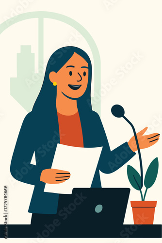 Confident businesswoman giving speech, office presentation