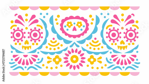 Vibrant Day of the Dead Sugar Skull Border with Cheerful Flowers Celebrates Mexican Heritage and Festive Spirit, Perfect for Cinco de Mayo