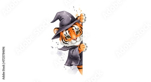 Cute tiger in witch hat peeking around corner for halloween design