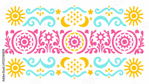 Cheerful celestial border with suns, moons and stars, perfect for party invites, festive decor, and whimsical designs, bringing joy and light