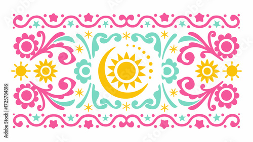 Whimsical floral design featuring a sun and moon motif, perfect for branding, invitations, or adding a touch of charm to any creative project with soft colors