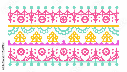 Festive folk art inspired border for celebrations, invites, and joyful designs featuring vibrant colors and playful geometric patterns, perfect for a party